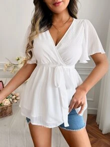 SHEIN Maternity Surplice Neck Belted Blouse - White - View 4