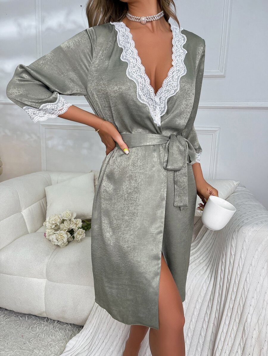 Contrast Lace Belted Satin Robe - Army Green - View 1