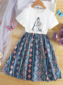 Girls Letter & Geo Print Dress - Multicolor - View 1