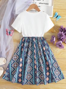 Girls Letter & Geo Print Dress - Multicolor - View 2