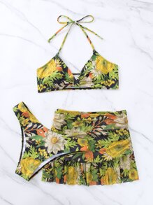 熱帶印花領頸夏季沙灘比基尼套裝，附沙灘裙 - 彩色 - 查看 7