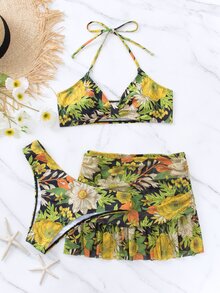 熱帶印花領頸夏季沙灘比基尼套裝，附沙灘裙 - 彩色 - 查看 8