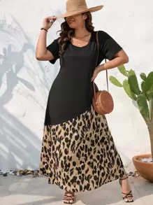 SHEIN LUNE Plus Leopard Print Scoop Neck Dress - Multicolor - View 1