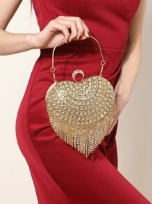 Mini Rhinestone Fringe Decor Thiết kế trái tim Túi mới lạ, Ví cô dâu hoàn hảo cho các sự kiện đám cưới, vũ hội & tiệc tùng - Vàng - Xem 1