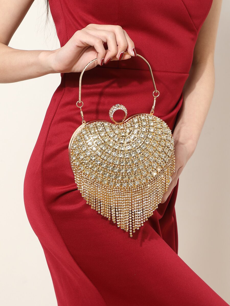 Mini Rhinestone Fringe Decor Thiết kế trái tim Túi mới lạ, Ví cô dâu hoàn hảo cho các sự kiện đám cưới, vũ hội & tiệc tùng - Vàng - Xem 1