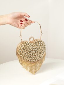 Mini Rhinestone Fringe Decor Thiết kế trái tim Túi mới lạ, Ví cô dâu hoàn hảo cho các sự kiện đám cưới, vũ hội & tiệc tùng - Vàng - Xem 2