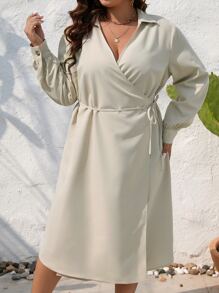 SHEIN LUNE Vestido unicolor cruzado con nudo lateral - Caqui - Ver 5