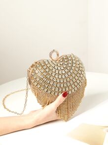 Mini Rhinestone Fringe Decor Thiết kế trái tim Túi mới lạ, Ví cô dâu hoàn hảo cho các sự kiện đám cưới, vũ hội & tiệc tùng - Vàng - Xem 3