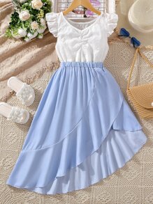 SHEIN Chicas de manga con volante fruncido Top schiffy & bajo con fruncido Falda - Azul y blanco - Ver 1