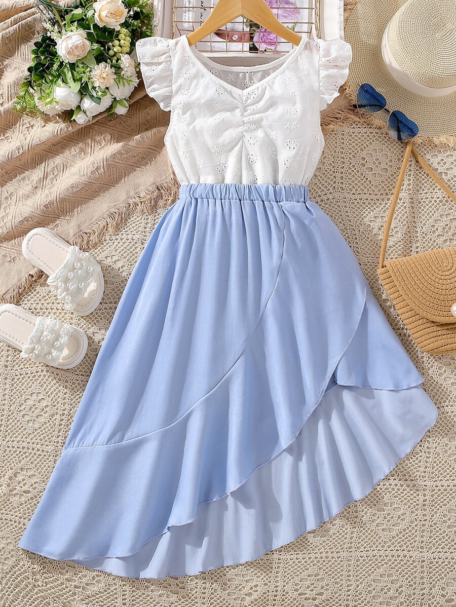 SHEIN Chicas de manga con volante fruncido Top schiffy & bajo con fruncido Falda - Azul y blanco - Ver 1