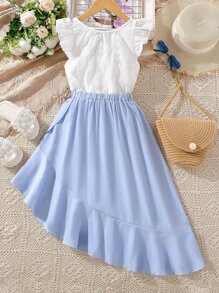 SHEIN Chicas de manga con volante fruncido Top schiffy & bajo con fruncido Falda - Azul y blanco - Ver 2