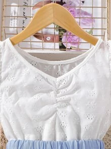 SHEIN Chicas de manga con volante fruncido Top schiffy & bajo con fruncido Falda - Azul y blanco - Ver 3