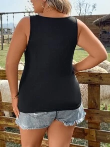 SHEIN Holidaya 大碼向日葵和標語圖案背心上衣 - 黑色 - 查看 5