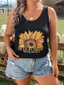 SHEIN Holidaya 大碼向日葵和標語圖案背心上衣 - 黑色 - 查看 1