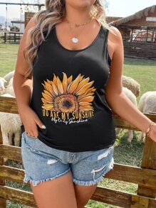 SHEIN Holidaya 大碼向日葵和標語圖案背心上衣 - 黑色 - 查看 2