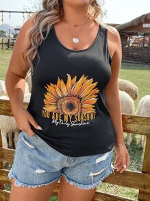 SHEIN Holidaya 大碼向日葵和標語圖案背心上衣 - 黑色 - 查看 3