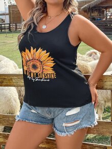 SHEIN Holidaya 大碼向日葵和標語圖案背心上衣 - 黑色 - 查看 9