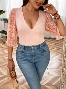 SHEIN LUNE Plus Contrast Lace Flounce Sleeve Plunge Neck Top - Coral Pink - View 1