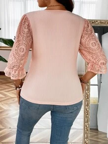 SHEIN LUNE Plus Contrast Lace Flounce Sleeve Plunge Neck Top - Coral Pink - View 2