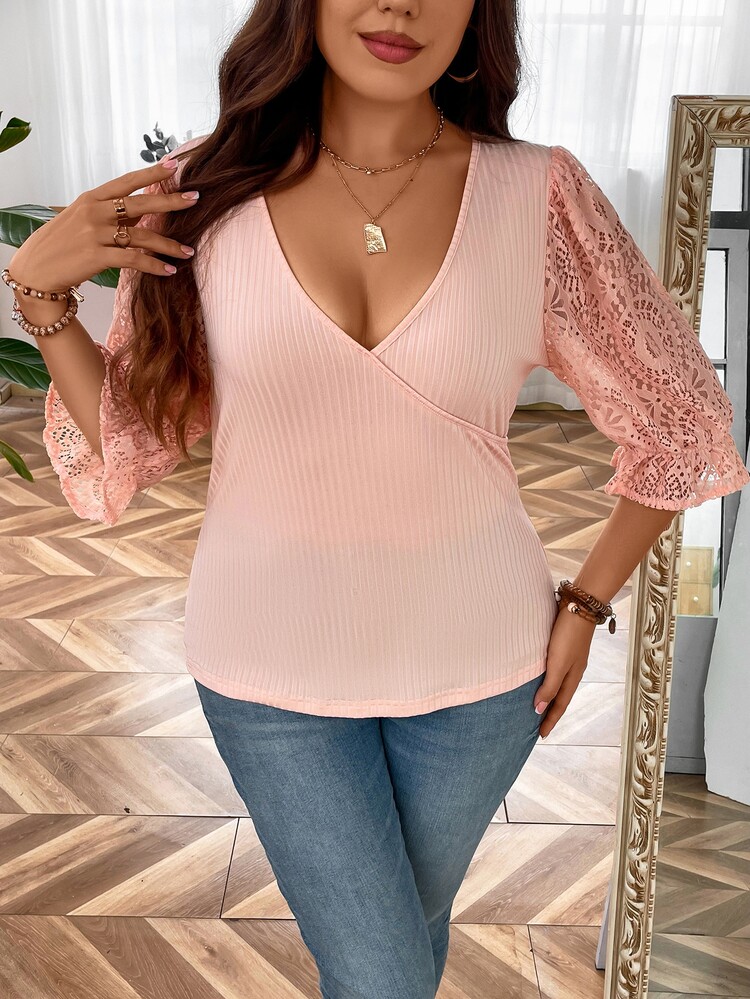 SHEIN LUNE Top con encaje en contraste de manga con volante de cuello profundo - Rosa coral - Añade 4
