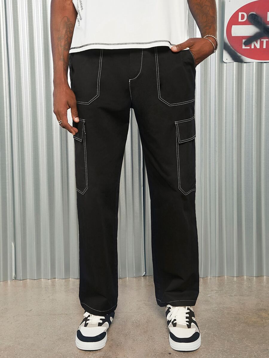 Manfinity VCAY Men Cotton Top-stitching Flap Pocket Side Cargo Trousers - Black - View 1