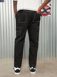 Manfinity VCAY Men Cotton Top-stitching Flap Pocket Side Cargo Trousers - Black - View 3