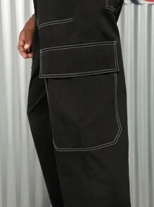 Manfinity VCAY Men Cotton Top-stitching Flap Pocket Side Cargo Trousers - Black - View 4