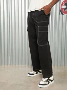 Manfinity VCAY Men Cotton Top-stitching Flap Pocket Side Cargo Trousers - Black - View 5