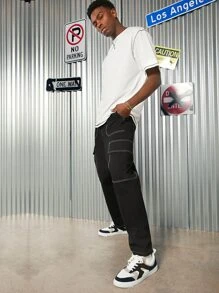 Manfinity VCAY Men Cotton Top-stitching Flap Pocket Side Cargo Trousers - Black - View 6