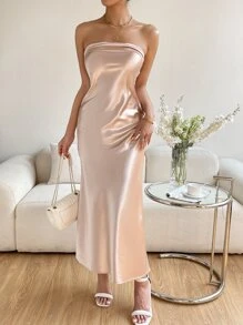 SHEIN BAE Draped Backless Satin Tube Dress