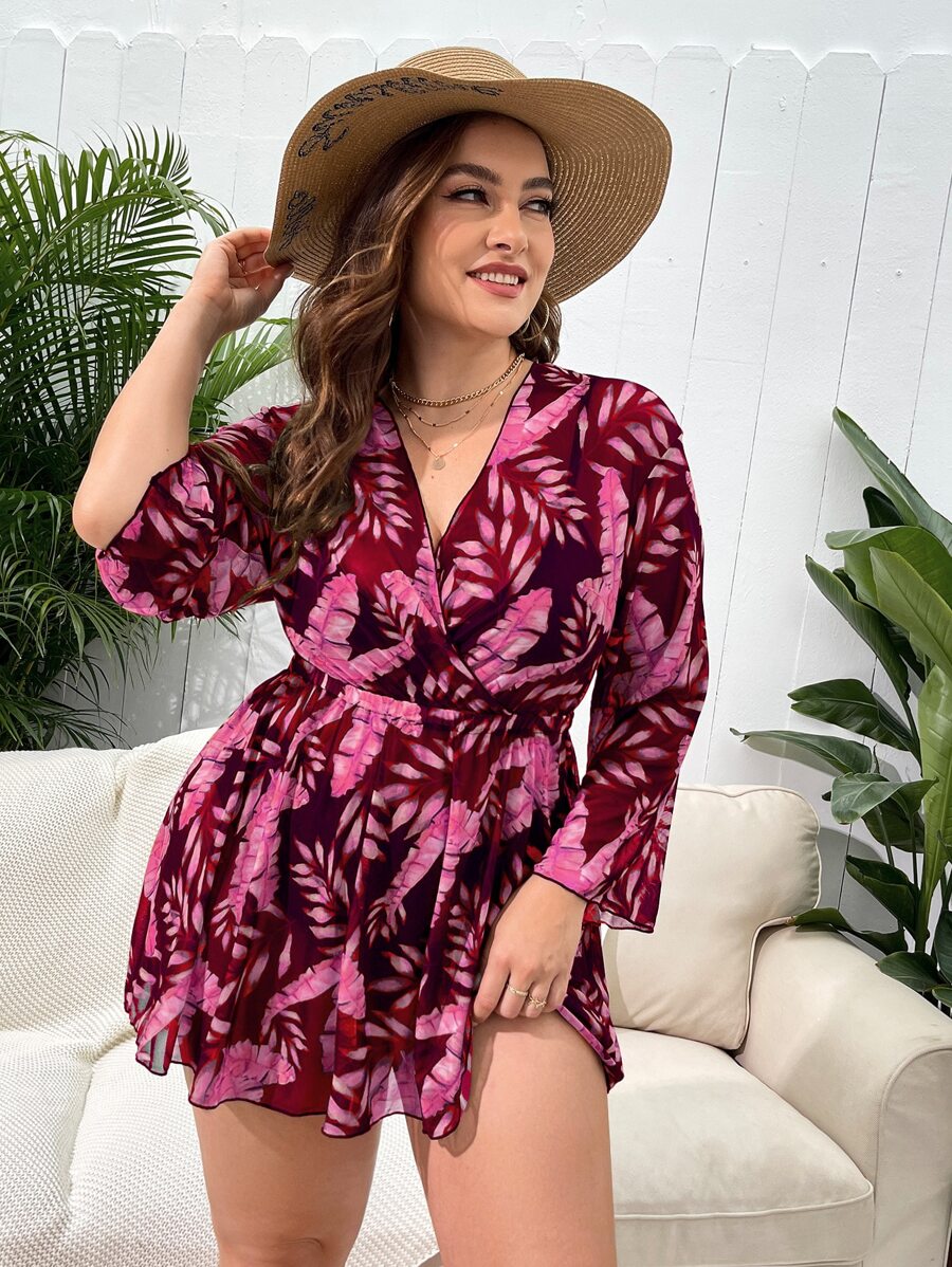 SHEIN Swim Curve Plus Tropical Print Surplice Neck Cover Up Dress - Purple - View 1