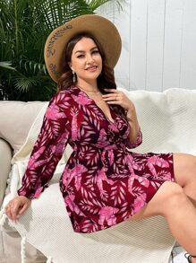 SHEIN Swim Curve Plus Tropical Print Surplice Neck Cover Up Dress - Purple - View 5