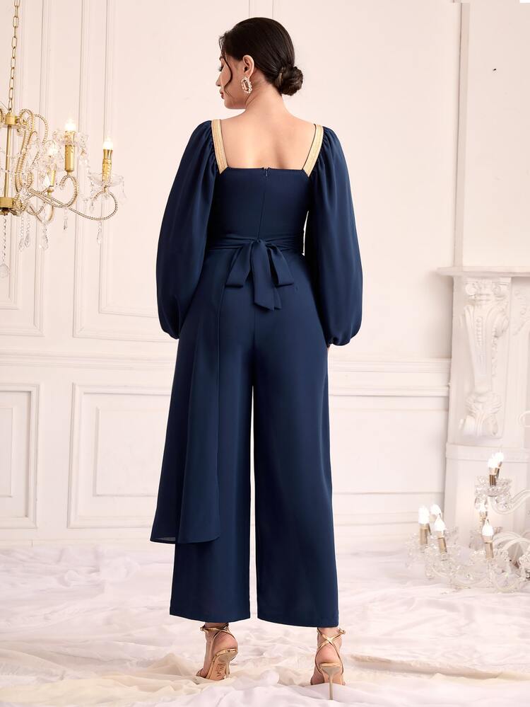 Square Neck Lantern Sleeve Tape Waist Jumpsuit