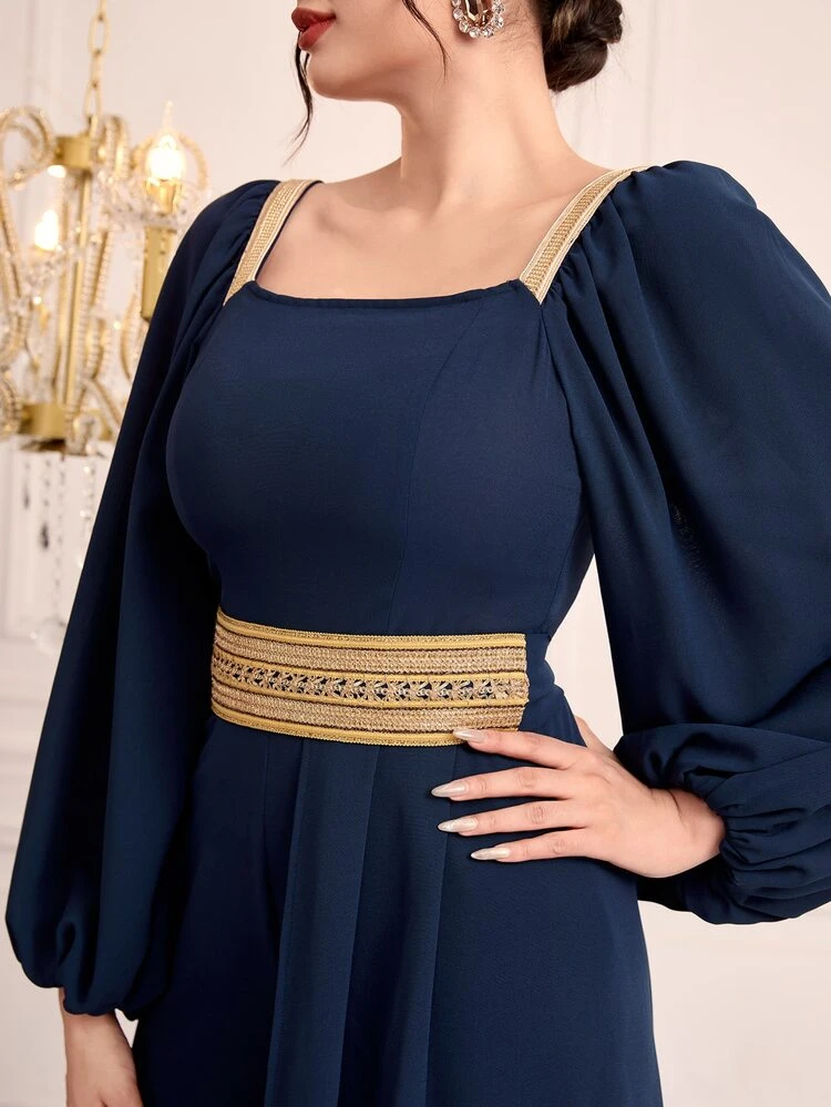 Square Neck Lantern Sleeve Tape Waist Jumpsuit