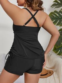 Swim Lushoire Plus Summer Beach Solid Tankini Set Drawstring Side Adjustable Strap Cami Top & Bikini Shorts 2 Piece Bathing Suit - Black - View 2