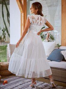 Simplee 蕾絲拼接荷葉邊腰帶波點網紗連衣裙 - 白色 - 查看 2