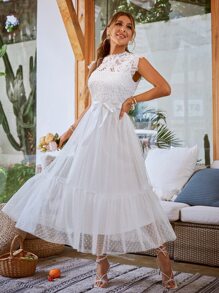 Simplee 蕾絲拼接荷葉邊腰帶波點網紗連衣裙 - 白色 - 查看 4