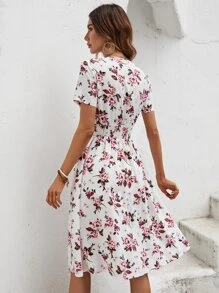 SHEIN VCAY Floral Print Surplice Neck Shirred Waist Dress - White - View 2