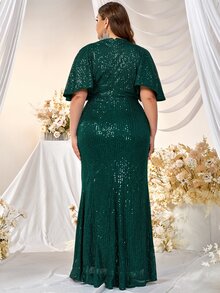 YISIKADO 大碼交疊領蝴蝶袖垂墜亮片正式洋裝 - 墨綠色 - 查看 2