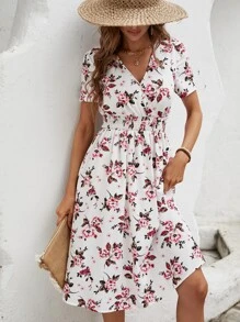 SHEIN VCAY Floral Print Surplice Neck Shirred Waist Dress - White - View 4