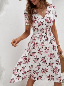 SHEIN VCAY Floral Print Surplice Neck Shirred Waist Dress - White - View 6