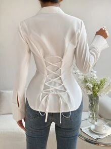 Firerie Solid Button Front Shirt,Long Sleeve Tops - White - View 2