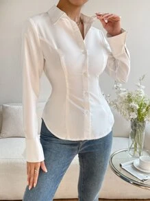 Firerie Solid Button Front Shirt,Long Sleeve Tops - White - View 3