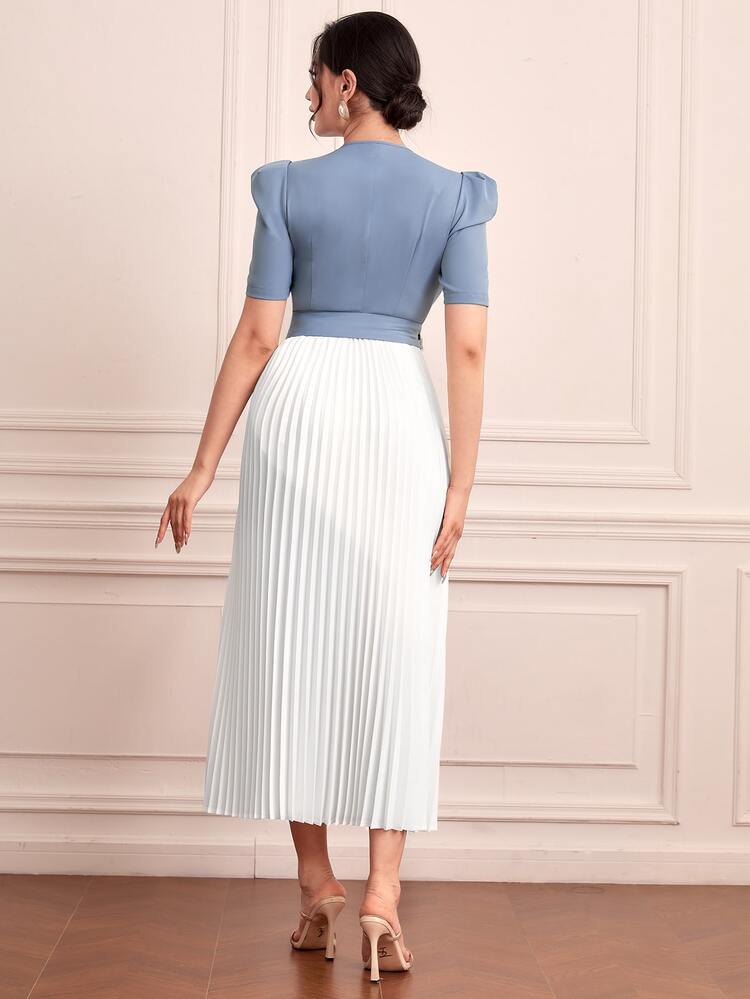 Two Tone Puff Sleeve Pleated Hem Belted Dress