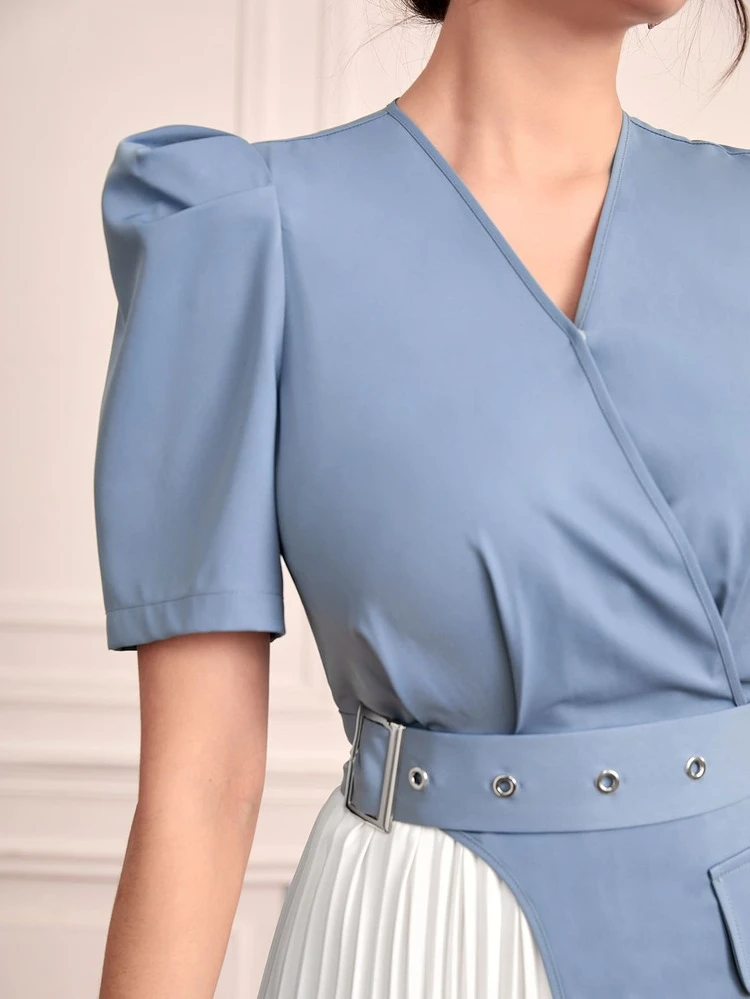 Two Tone Puff Sleeve Pleated Hem Belted Dress