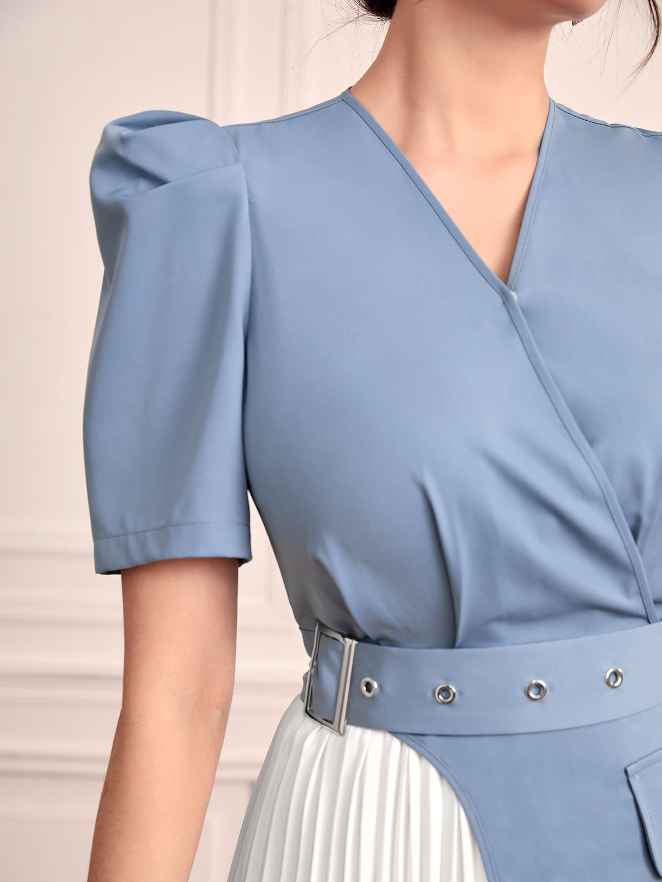 Two Tone Puff Sleeve Pleated Hem Belted Dress