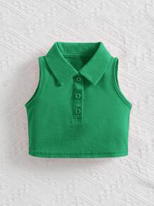 SHEIN 嬰兒素色POLO領背心上衣 - 綠色 - 查看 1