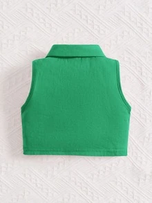 SHEIN 嬰兒素色POLO領背心上衣 - 綠色 - 查看 2