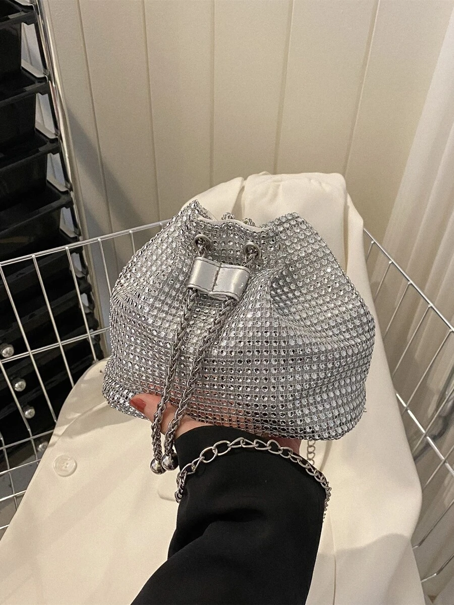 Long lanh lấp lánh quyến rũ, sequin, sang trọng, sáng bóng Trang trí bằng kim cương nhỏ sáng bóng Túi chuỗi thiết kế dây rút, Ví cô dâu hoàn hảo cho đám cưới, Túi buổi tối & sự kiện tiệc tùng, Túi ăn tối cho cô gái dự tiệc, phụ nữ - Bạc - Xem 1