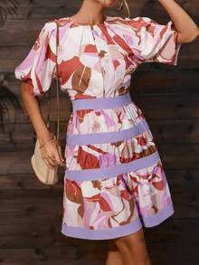 Aveloria Vestido con estampado de manga raglán bajo con fruncido - Multicolor - Ver 4